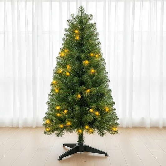 4ft Prelit Christmas Tree with 75 Warm White LEDs – 225 Tips, Hinged Branches, Plastic Stand – Small 4 Foot Christmas Tree for Bedroom, Office, Apartment Holiday Decor