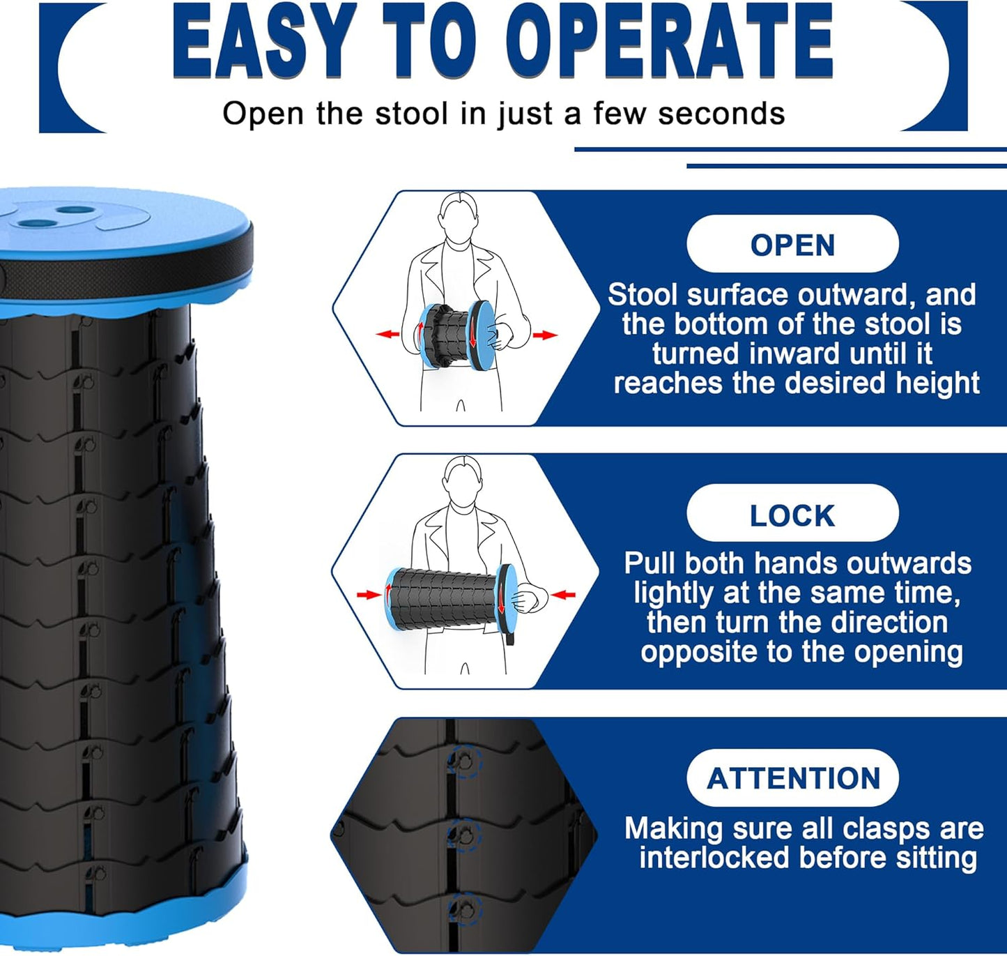 ALEVMOOM Upgraded Nylon Collapsible Stool with 500lbs Max Weight Portable Retractable Folding Telescoping Stools for Adults Chair for Outdoor Camping Fishing Hiking BBQ(Nylon Blue)