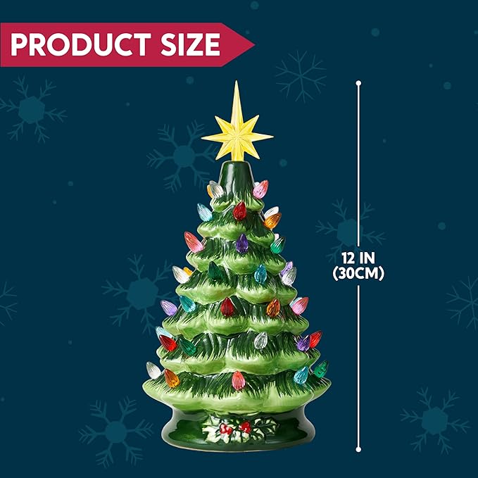 Joiedomi 12" Ceramic Christmas Tree, Table Top Christmas Tree with Flower Leaf, Vintage Pre-lit Xmas Decor with LED Lights, Battery Operated Hand-Painted Xmas Decorations Indoor Home