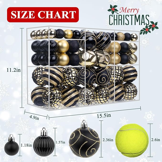 100 Pack Black and Gold Christmas Ball Ornaments Set, Hand-Painted Shatterproof Hanging Decorations, Assorted Baubles Bulk for Xmas Tree Wreath, Winter Holiday Home Party Decor
