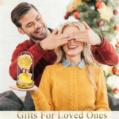 Preserved Flowers with LED Light, Yellow Hydrangea Tree and Rose,Wood Base,Christmas Rose Gifts for Valentine's Day, Mother's Day, Anniversary,for Mom Grandma Wife Friend Used as for Occasions