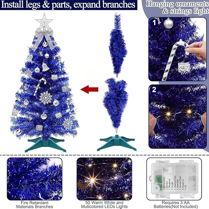 3 FT Artificial Small Christmas Tree Hanukkah Decor 50 Warm White & Multicolor Changing Lights Remote Control Timer 8 Modes DIY Ball Ornaments Christmas Tree for Tabletop,Home,Office,Indoor Holiday