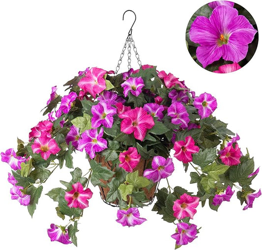 Artificial Hanging Fake Flowers with Basket Plants for Outdoor Decoration, Faux Silk Flower UV Resistant Morning Glory for Home Porch Patio Garden Balcony Yard Look Real (Red Lotus)