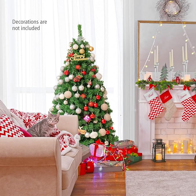 HAPPYGRILL 5FT Pre-lit Fiber Optic Christmas Tree with 449 Branch Tips, New PVC Leaves, Life-Like Artificial Xmas Tree with Folding Metal Stand