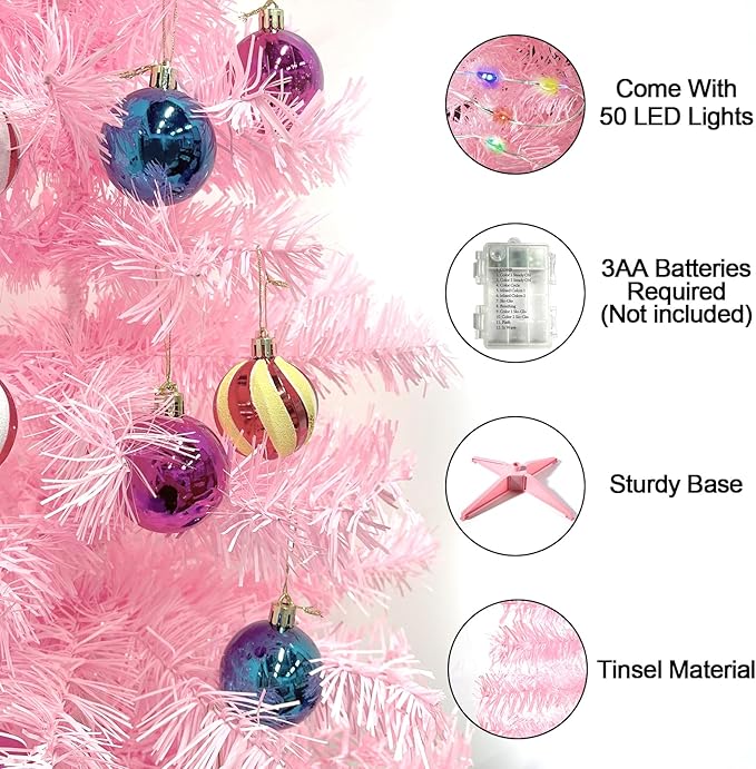 3 Ft Pink Christmas Tree with 12 Modes Timer 50 LED Four Color & Warm Lights DIY 15 Ball Ornaments 3D Star Artificial Xmas Tree for Indoor Home Holiday Party Decoration
