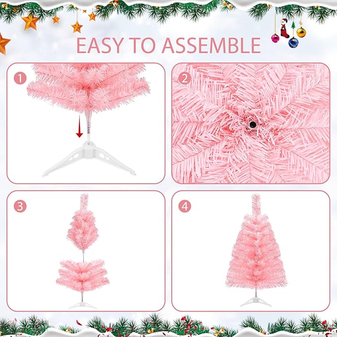 2Ft Artificial Christmas Tree Pink Tabletop Christmas Tree with Plastic Stand Mini Xmas Pine Tree for Indoor Outdoor Holiday Home Decoration