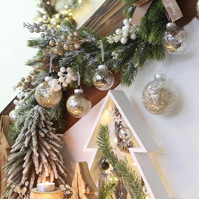 Sea Team 60mm/2.36" Shatterproof Clear Plastic Christmas Tree Ball Ornaments Set, Decorative Hanging Transparent Xmas Baubles with Stuffed Delicate Decorations (30 Counts, Champagne, Silver, White)