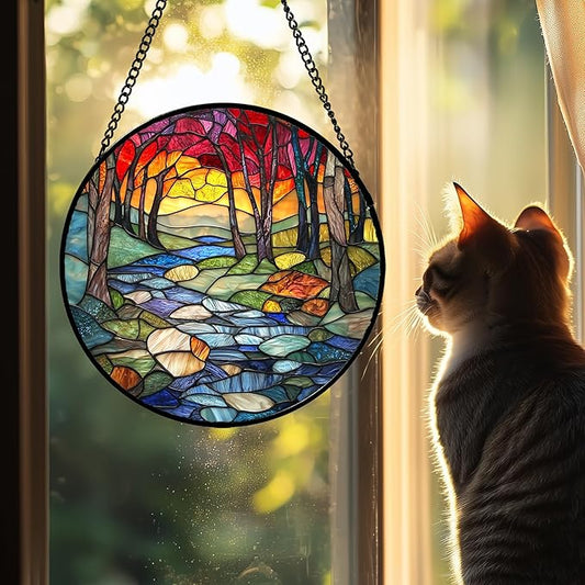 Stained Glass Window Hanging, Red Tree Abstract Sunset Lake Sun Catcher for Window Home Decor Landscape Suncatcher Mother's Day Birthday Gifts for Women Men Mom and Nana 9.8 in