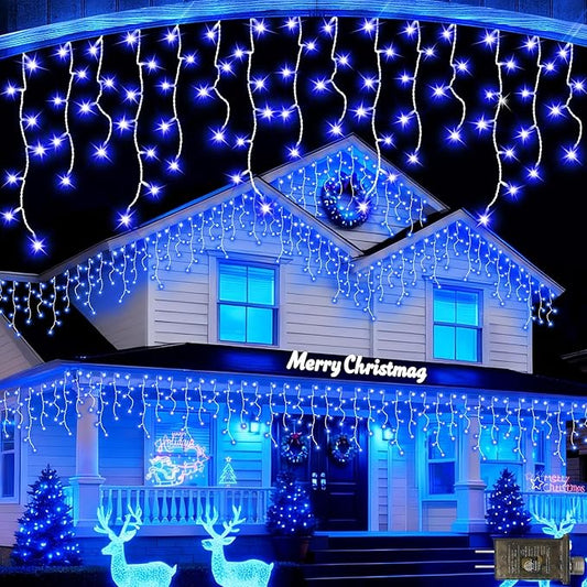 JXLEDAYY 65 FT 640 LED Christmas Lights Outdoor Decorations Clear Wire String Lights Plug in 120 Drops 8 Modes Memory Timer Connectable Curtain Fairy Lights Waterproof for Holiday Wedding Party-Blue