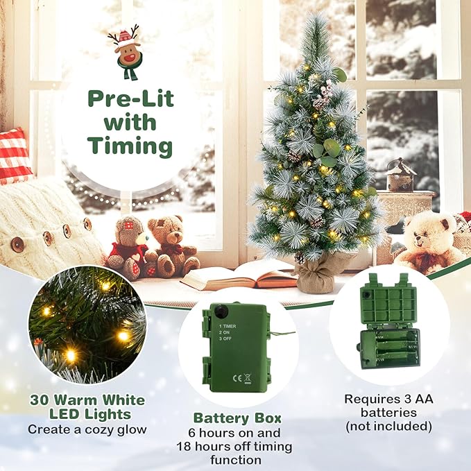 Goplus 3ft Pre-Lit Mini Tabletop Christmas Tree, Artificial Small Battery Operated Xmas Tree with 30 Warm White LED Lights, Timer, 98 Flocked PVC & Pine Needles, for Home Office Decoration