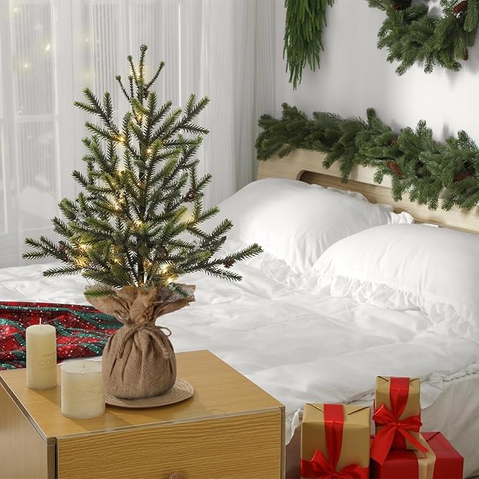 22" Mini Christmas Tree, Small Artificial Tabletop Snow Flocked Christmas Trees Decor with Lights, Outdoor Indoor Porch Table Centerpieces Xmas Christmas Decorations