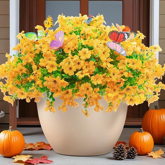 20 Bundles Artificial Flowers for Outdoors‌ with 6 Faux Butterflies, UV Resistant Fake Flowers‌ with Eucalyptus Leaves, Artificial Plants Outdoor‌ for Patio Garden Porch Home Decor (Yellow)
