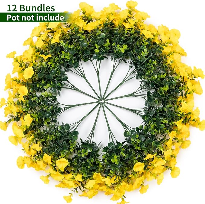 Lnoicy Artificial Flowers for Outdoor 12 Bundles Eucalyptus Fake Flowers for Planter,UV Resistant Fake Morning Glory for Home/Porch/Garden Decoration（Yellow）