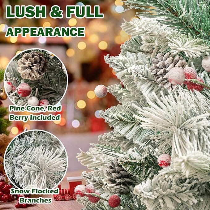 3FT Pre-lit Snow Flocked Christmas Tree, Tabletop Artificial Christmas Tree, Mini Christmas Tree with Pine Cones & Red Berries for Home, Shop Décor