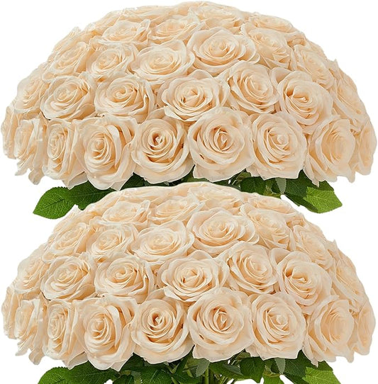 50Pcs Champagne Roses Artificial Flowers Artificial Silk Roses Bulk,Fake Roses Flower with Stems Realistic Flowers for Wedding Centerpiece Home Party Decor