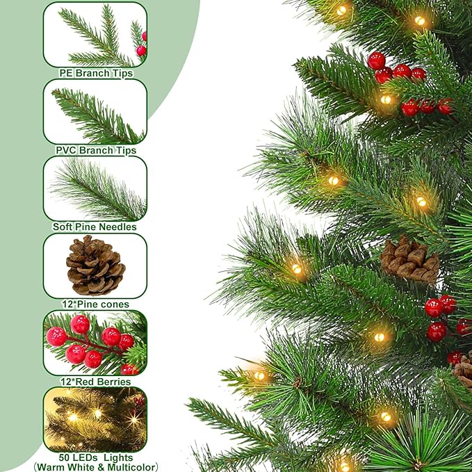 Dual Color Change&Remote Control 3Ft Realistic-Feel PE Artificial Christmas Tree with Lights,50 Warm White&Colors Lights,12 Mode Timer,Red berry Pine Small Mini Norfolk Tree Burlap Base Tabletop Decor