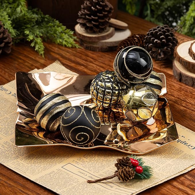 100 Pack Black and Gold Christmas Ball Ornaments Set, Hand-Painted Shatterproof Hanging Decorations, Assorted Baubles Bulk for Xmas Tree Wreath, Winter Holiday Home Party Decor