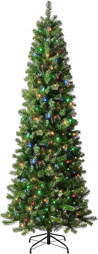 7.5ft Pre-Lit Slim Christmas Tree Douglas Fir with 186 PE & 610 PVC Branches, Hinged Sections & Metal Stand, 350 Dual Color LED Lights with 10 Modes for Holiday Decoration