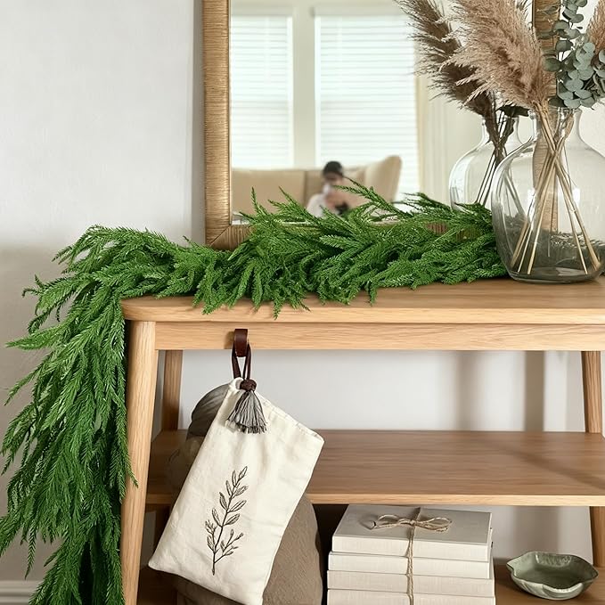 Christmas Garland 6FT Norfolk Pine, Real Touch Artificial Pine Garland for Christmas Decorations, Faux Greenery for Indoor and Outdoor Christmas Decorations