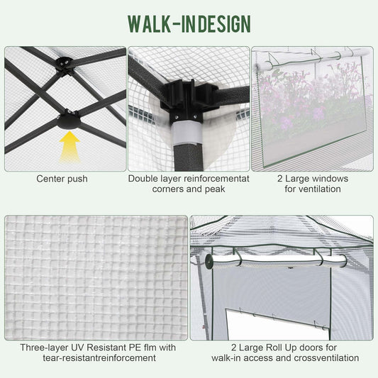 8.5 x 7 FT Walk-in Greenhouse, Portable Pop-up Green House 3 Adjustable Hights Heavy Duty Plant Gardening Canopy with Durable PE Cover for Indoor Outdoor (Clear and White)