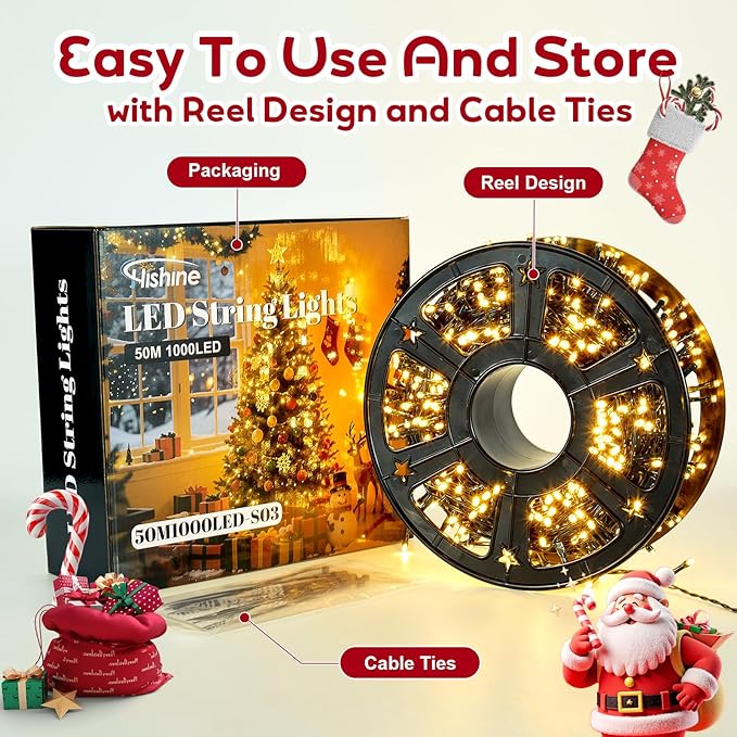 Hishine 164FT 1000LED Christmas Lights Outdoor String Lights Indoor 8 Modes Waterproof Plug in Christmas Tree Light for Holiday, Warm White