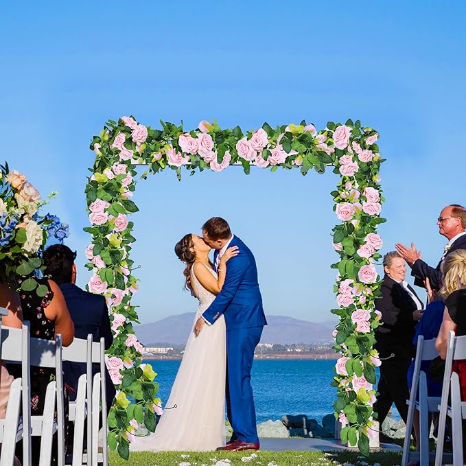 Sggvecsy 6Pcs 46.5Ft Artificial Rose Vine Fake Flower Garland Floral Garland Faux Silk Hanging Vine Rose Ivy Vines for Wedding Arch Party Wall Garden Ceremony Background Outdoor Decor (Pink)