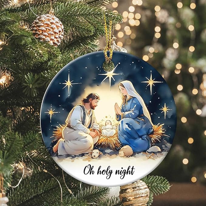 Oh Holy Night Ornaments Round Ceramic Birth of Jesus Mary Joseph Christ Ornament Christmas Keepsake Decor for Christmas Tree Winter Holiday Xmas Gift for Women Men Xmas Hanging Ornament 3"
