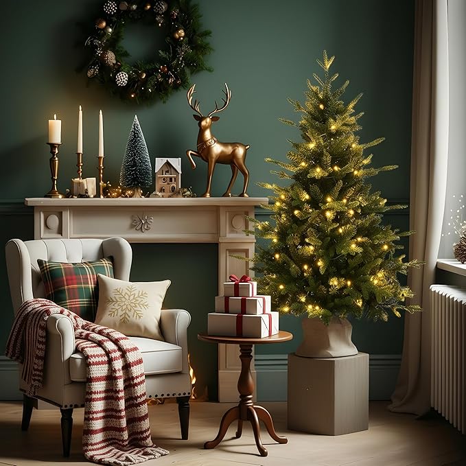 4 ft Pre-Lit Artificial Christmas Tree with Lights, Fraser Fir Realistic PE PVC Branch Tips, Holiday Xmas Tree, Metal Stand Automatic Unfold Hinged Design, Easy Assembly for Home Party Decoration