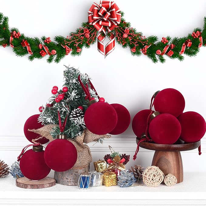 6 Pcs Velvet Christmas Balls Bulk Shatterproof Plastic Christmas Tree Decorations for Decorative Hanging Baubles (6, Wine red, 3.94Inch)