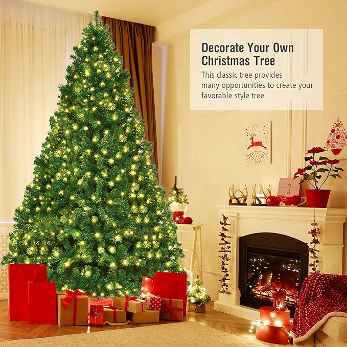 COSTWAY 8 FT Prelit Christmas Tree, Artificial Christmas Tree with 1438PVC Branch Tips, 430 LED Lights, Folding Metal Stand, Easy Assembly, Full Hinged Fir Xmas Tree for Home Office Party Decoration