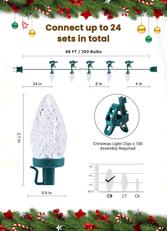 C9 LED Christmas Lights Outdoor, 68 Feet 100 LED Strawberry String Lights with 100 Spring Clamps, Commercial Grade Waterproof Extendable for Outside Roofline Patio Home Xmas Decoration, Pure White