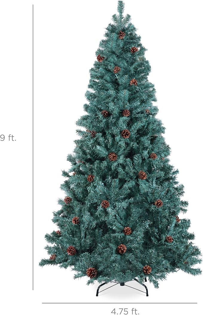 Best Choice Products 9ft Pre-Decorated Holiday Christmas Tree for Home, Office, Party Decoration w/2,028 Tips, Pinecones, Metal Base – Blue Spruce