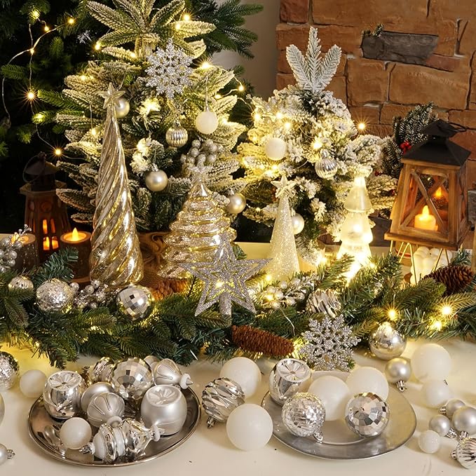 XmasExp 99-Pack Christmas Ball Ornaments Assorted Shatterproof Christmas Tree Decorations with Hand-held Gift Package for Xmas Tree,Home,Party(Silver-White)