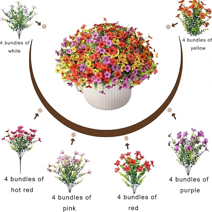 Artificial Flowers for Outdoors - UV Resistant & Fade-Resistant Fake Flowers, 24 Bundles Waterproof Faux Flowers for Garden, Yard, Patio, Wedding & Home Decor 24 Mixed Bundles