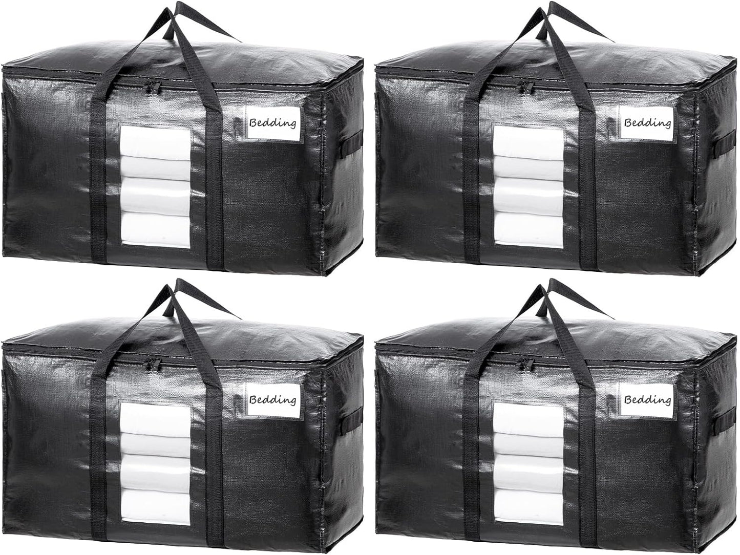 TAILI Extra Large Moving Bags, 4 Pack Black Heavy Duty Totes For Storage with Visible Window, Wrap Around Handles, Storage Bags for Space Saving, Alternative to Moving Boxes