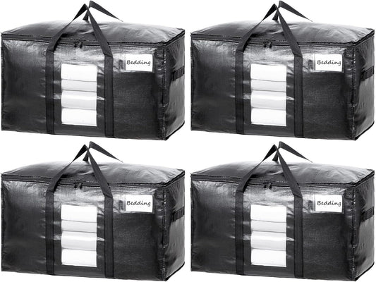 TAILI Extra Large Moving Bags, 4 Pack Black Heavy Duty Totes For Storage with Visible Window, Wrap Around Handles, Storage Bags for Space Saving, Alternative to Moving Boxes