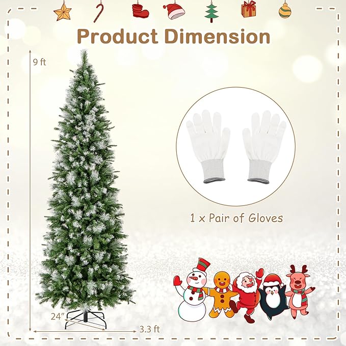 GOFLAME 9 FT Pre-Lit Pencil Christmas Tree Snow Flocked, Slim Artificial Xmas Tree with 1228 Branch Tips, 470 Warm White LED Lights, Holiday Decoration Tree for Home Party Office