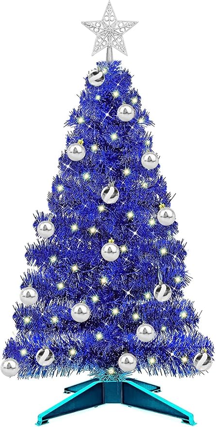 TURNMEON 3 Ft Christmas Hanukkah Tree with Lights Timer 15 DIY Ball Ornament Star Blue Small Tinsel Tree Battery Operated Christmas Artificial 8 Modes Xmas Hanukkah Decorations Home Indoor Holiday