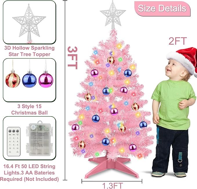 3 Ft Premium Pink Christmas Tree Dual Color Change 12 Modes Timer DIY 50 Warm White & Multicolor Lights 15 Ball Ornaments Star Artificial Small Full Xmas Tree Battery Operated Table Home Indoor