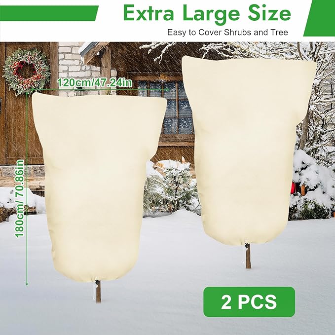 2 Pack Plant Covers Freeze Protection, 47" X 71" Large Frost Cloth Plant Freeze Protection, Frost Blankets for Winter Outdoor Plants Tree Shrub Rose Bush, with Drawstring