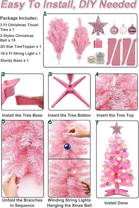 3 Ft Premium Pink Christmas Tree with Lights, Battery Operated Timer 8 Modes 50 Warm White Lights Small Artifical Full Christmas Tree for Tabletop Home Office Indoor Outdoor Xmas Holiday Decorations