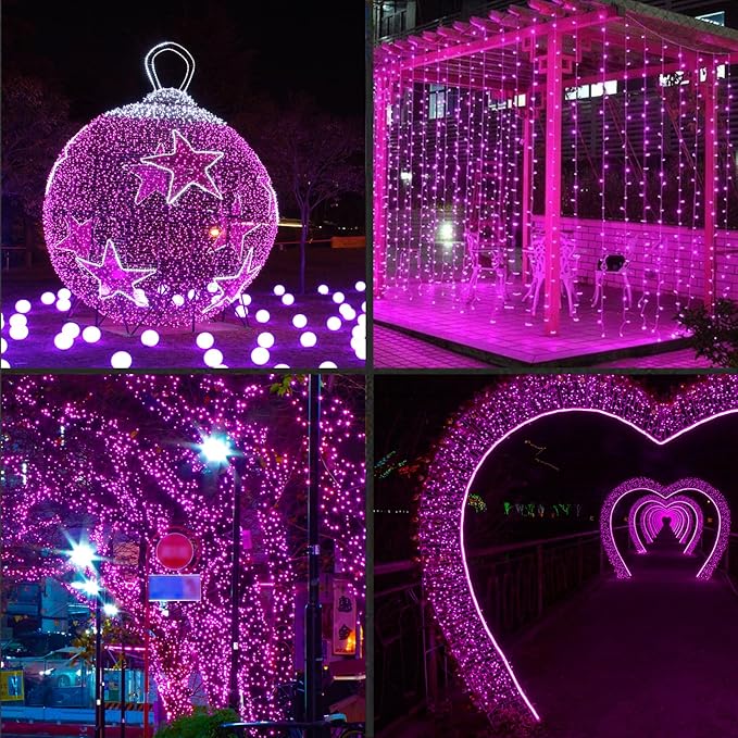 LAMPHOME 600LED (12pk of 50L) String Lights,LED Christmas Lights, 6" SPACING,Green Wire,Pink