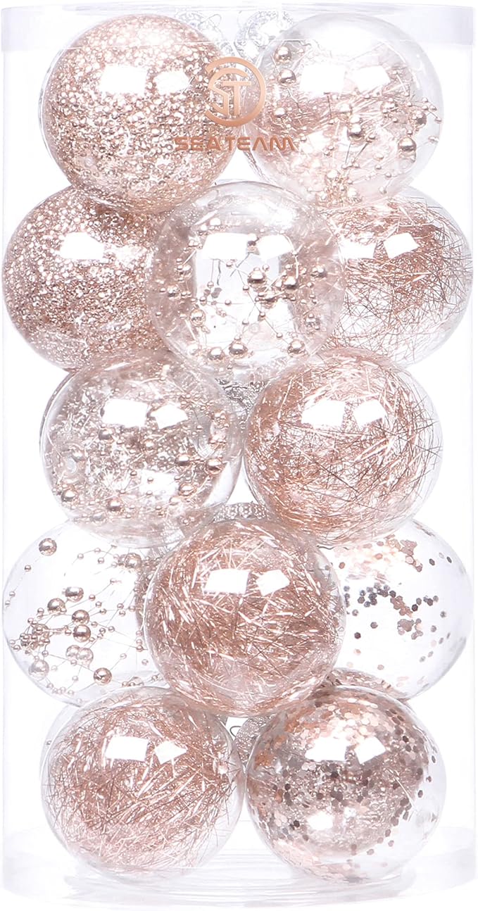 Sea Team Shatterproof Clear Plastic Christmas Ball Ornaments Decorative Xmas Balls Baubles Set with Stuffed Delicate Decorations (80mm/3.15 inch 20-Pack, Rose Gold)