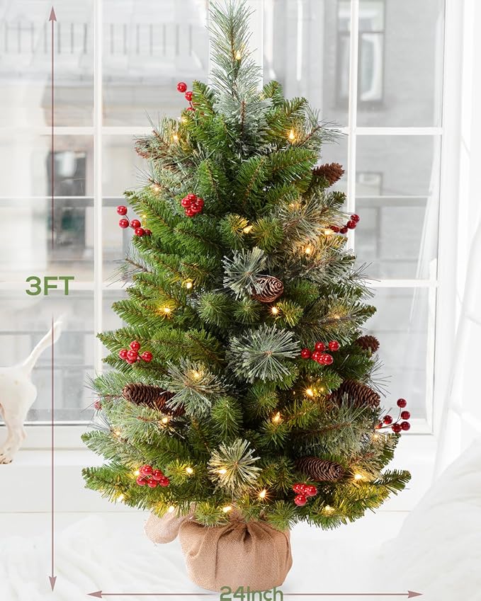 3ft Pre-Lit Artificial Christmas Tree with 70 LED Lights Mini Xmas Trees, Cement Burlap Base Basin, for Home Tabletop, Green