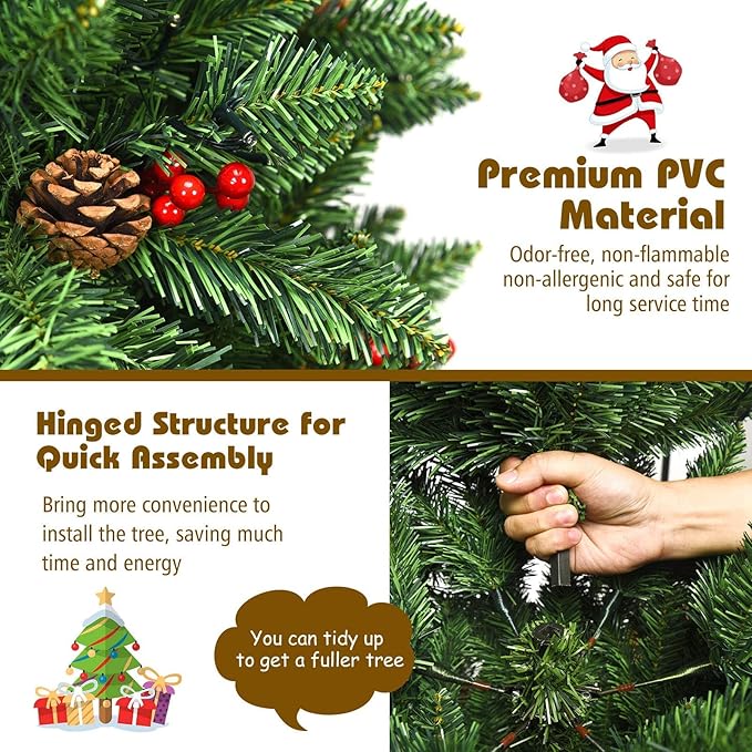 Happygrill 6.5 Feet Christmas Tree with Sturdy Metal Stand Artificial Xmas Tree with Pine Cones Red Berries