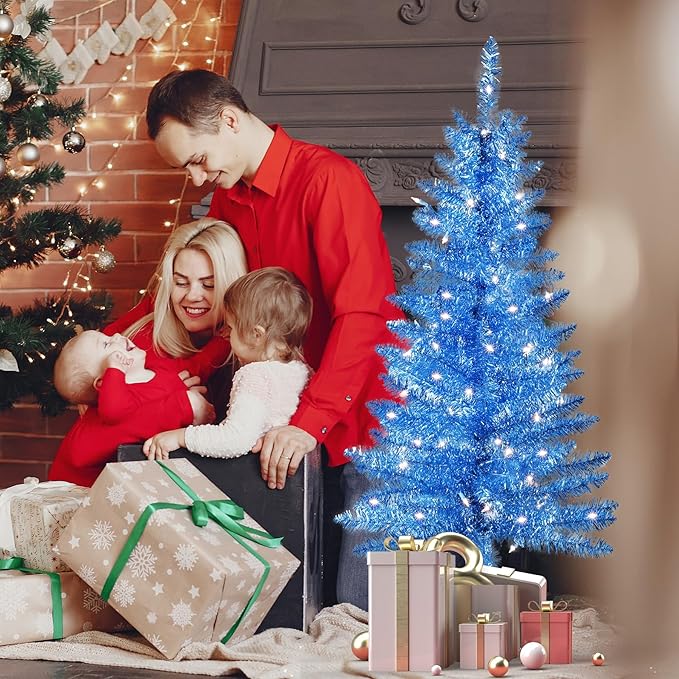 4ft Artificial Full Blue Christmas Tree with Separate Lights, Not Pre-lit Mini Blue Tinsel Pine Christmas Tree, 50 Lights, Small Xmas Tree for Home, Office, Party Decoration, Indoor