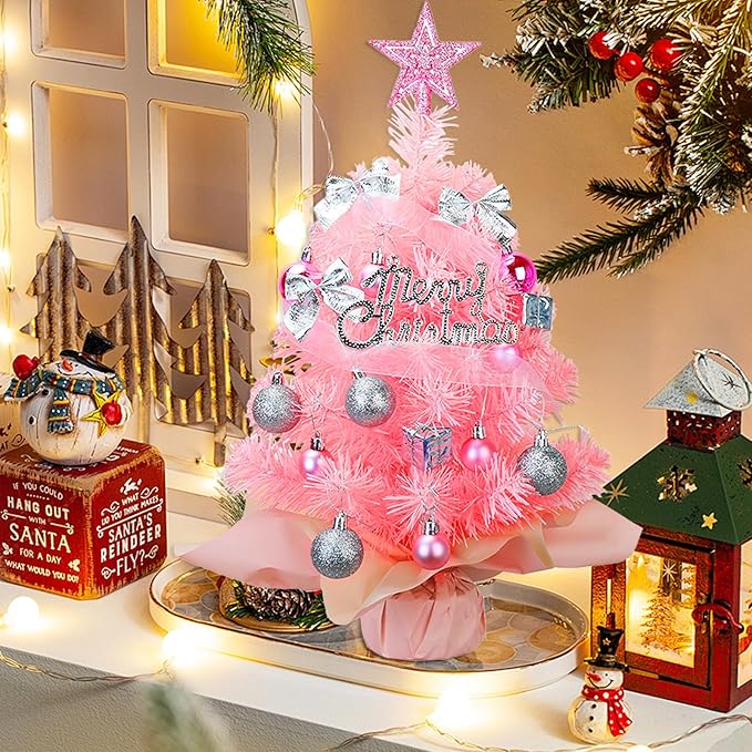 Small Mini Christmas Tree Pink with 50 LED Lghts 24 Inch /2FT Tabletop Artificial Christmas Tree Decorated Gift Boxes and Hanging Ornaments for DIY Christmas Decoration