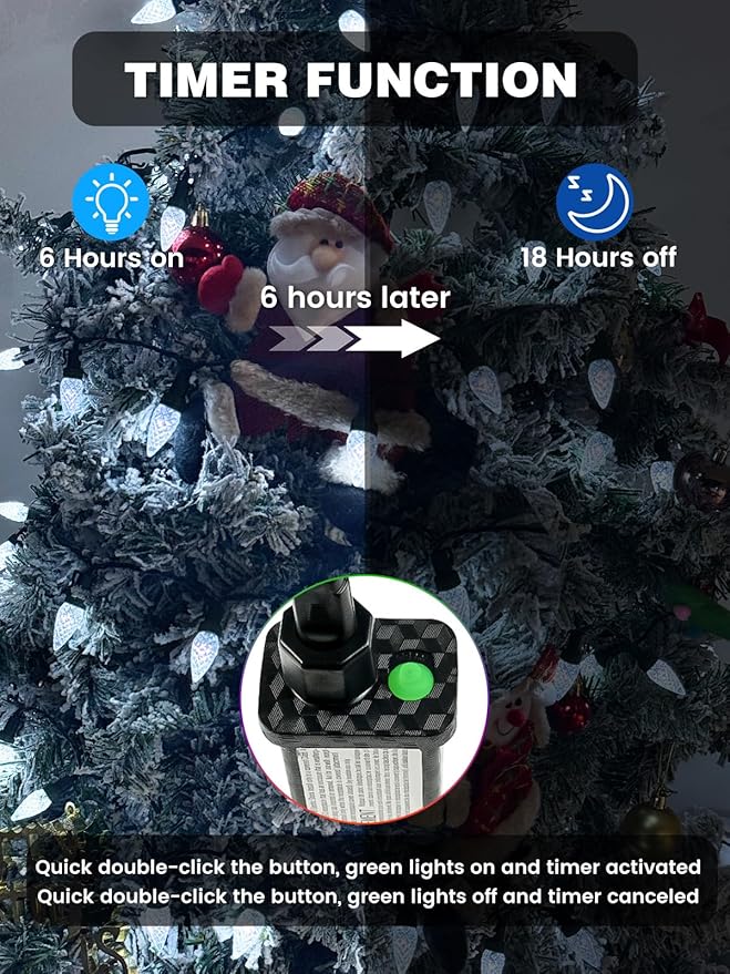 2 Pack C6 Christmas Lights Outdoor Indoor, Total 200 LED 66 FT Connectable Christmas String Lights with Timer & 13 Modes, Waterproof Twinkle Light for Xmas Tree Party Wedding Decorations (Cool White)