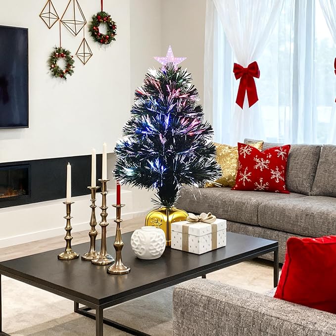 24inch Green Pre-lit Fiber Optic Christmas Tree,Tabletop Artificial mini Xmas Tree with Gold Base Pot, Stars for Holiday Home Decorations