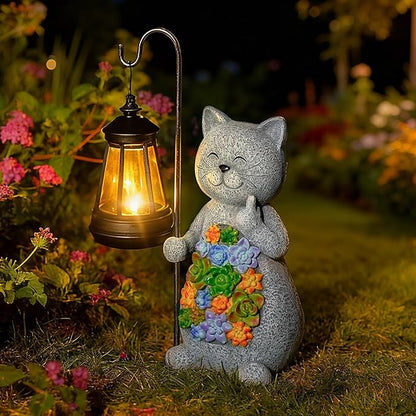Solar Cat Garden Statue with Succulent Decor Hanging Lantern – Waterproof Resin Outdoor Figurine for Yard, Patio, Balcony – Gift for Cat Lovers, Gardeners